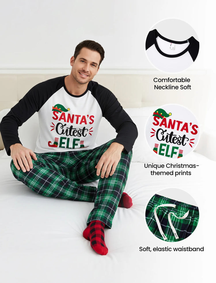 Weihnachts-Passendes Familienpyjama-Set SANTA'S Cutiest ELF Letterprint Langärmeliger grüner Gitterpyjamas mit Weihnachtssocken grün