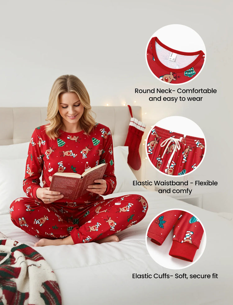 Christmas Matching Family Pajamas Set Cute Reindeer Print Long-sleeve Red PJS with Christmas Socks Red