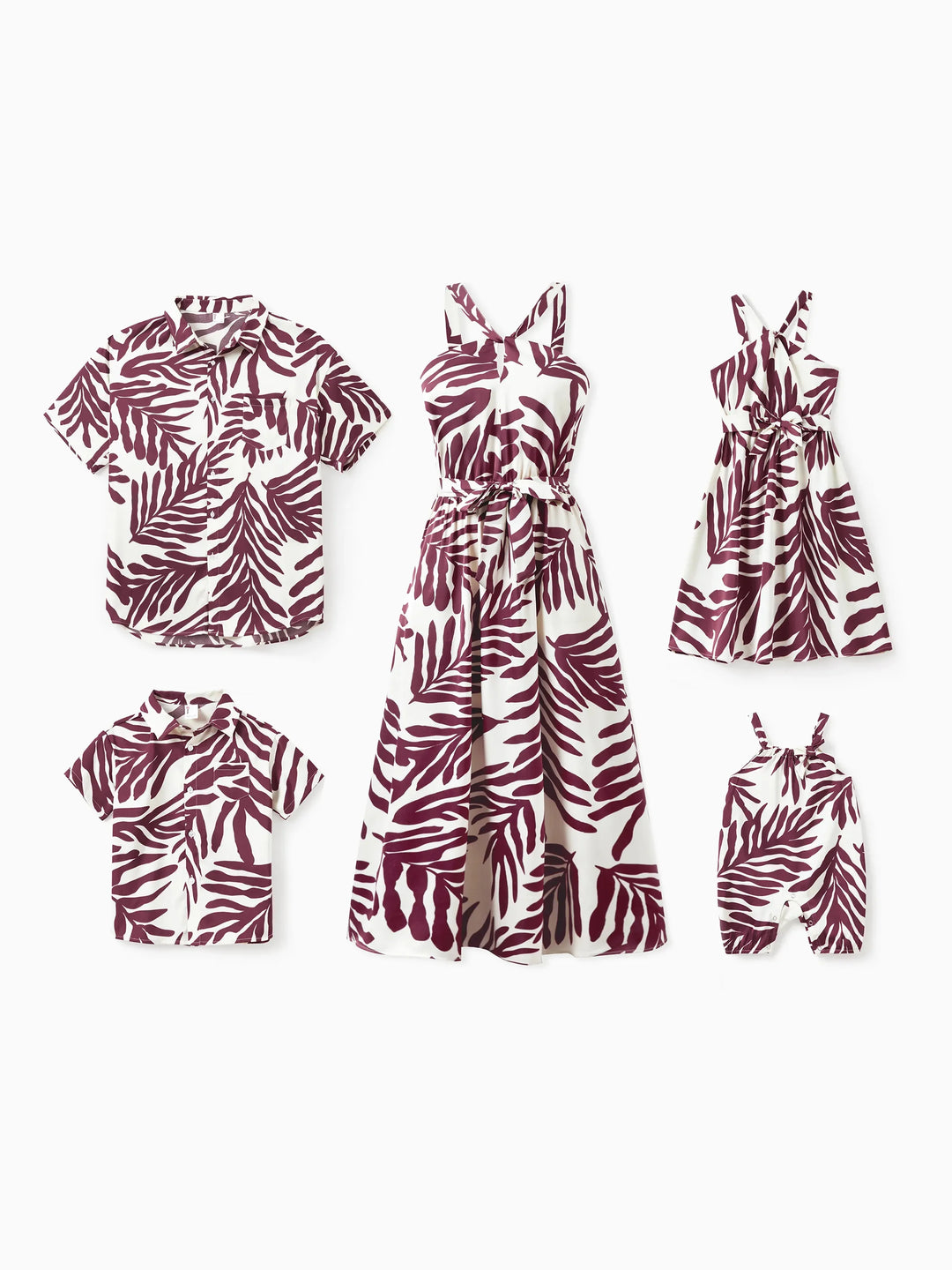 Conjuntos para mamá y niña con camisas de estampado de hojas rojas y vestido con cinturón de tirantes para Hawái/crucero/resort/uso casual Blanco