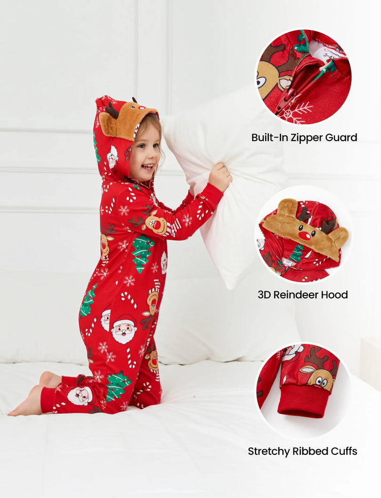 Christmas Family Pajamas Sets 3D Reindeer Hooded Allover Print Onesies Pajamas Red-2