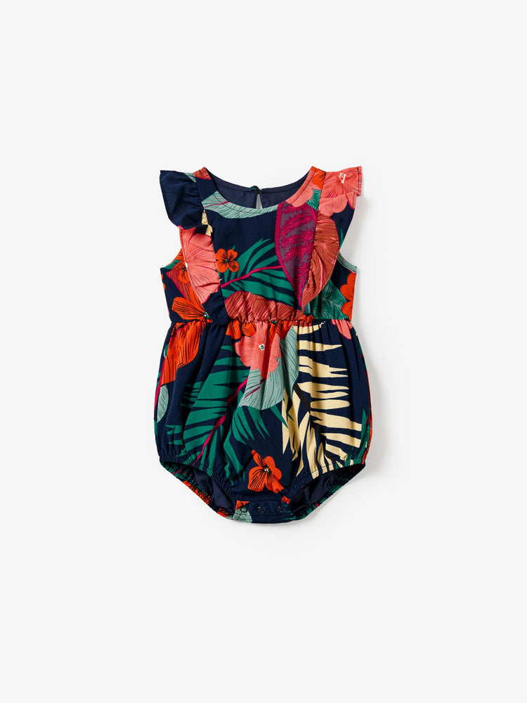 Ensembles familiaux assortis T-shirt noir à empiècements floraux et robe à bretelles à col en V avec bouton-pression caché Bleu foncé