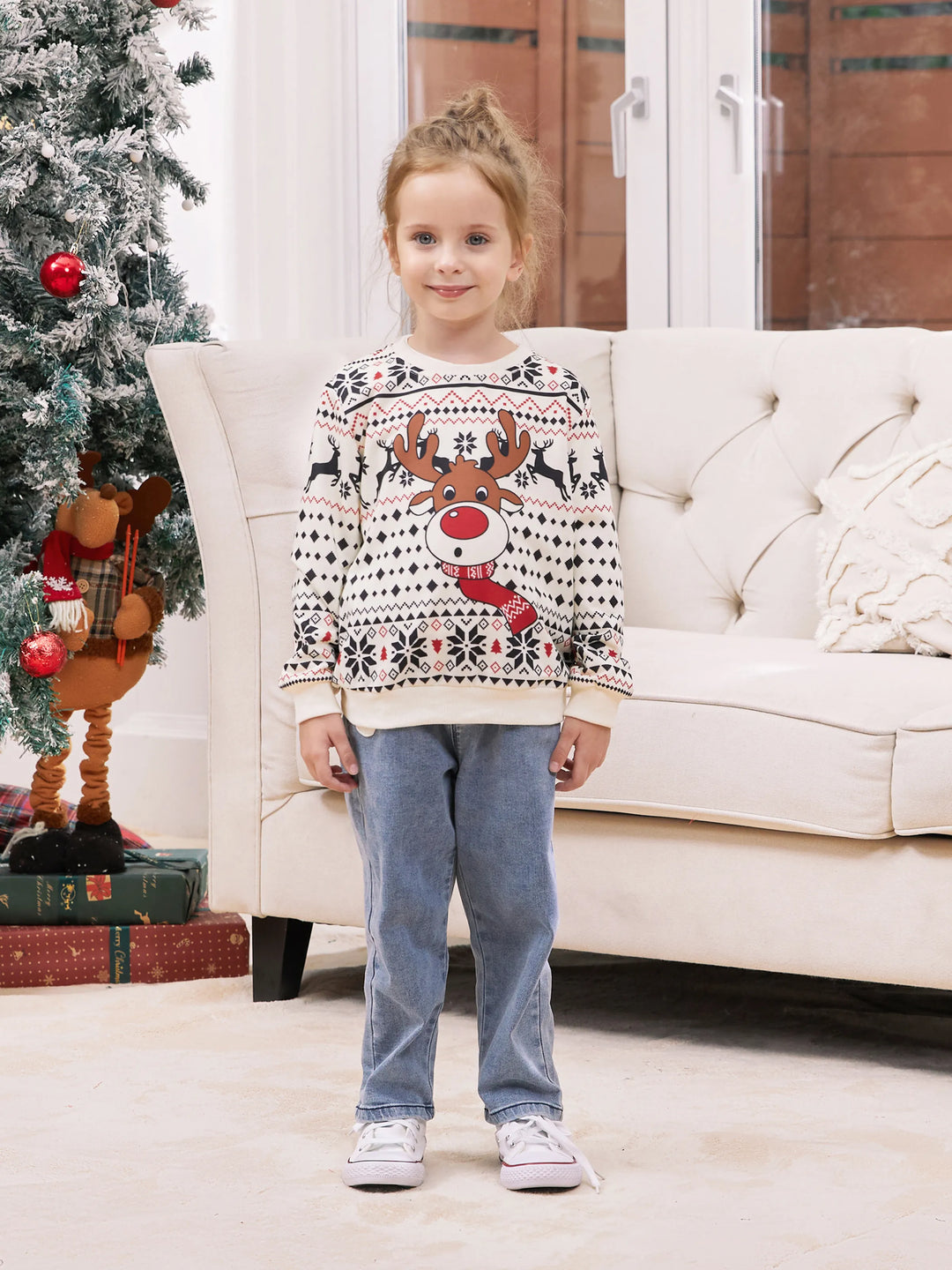 Sweat-shirt de Noël à manches longues et grand motif renne beige