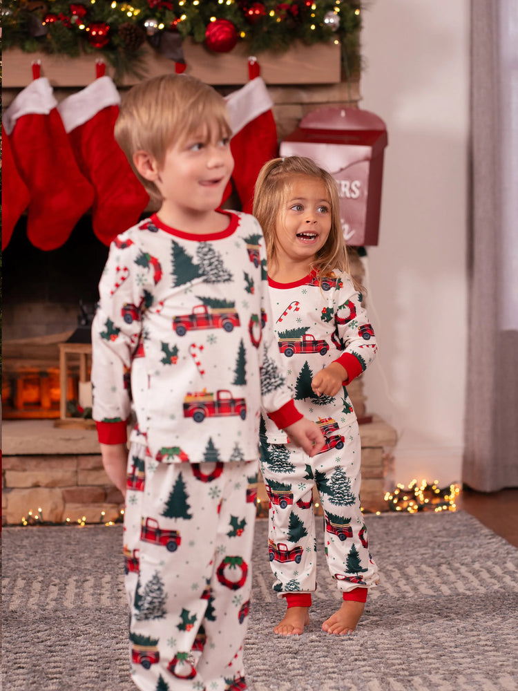 Ensemble pyjama de Noël à manches longues et imprimé arbre de Noël et voiture, multicolore