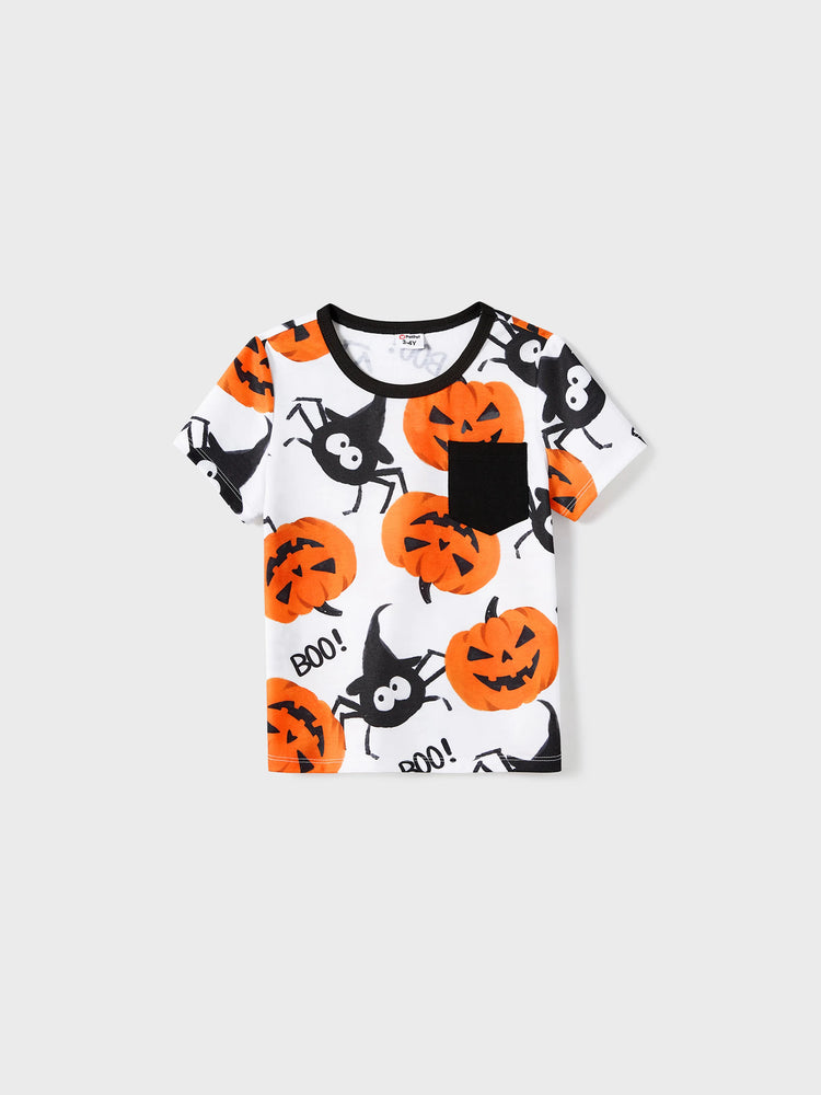 Halloween Family Matching Pumpkin Print Dresses and Short Sleeve Colorblock Tops Sets ColorBlock