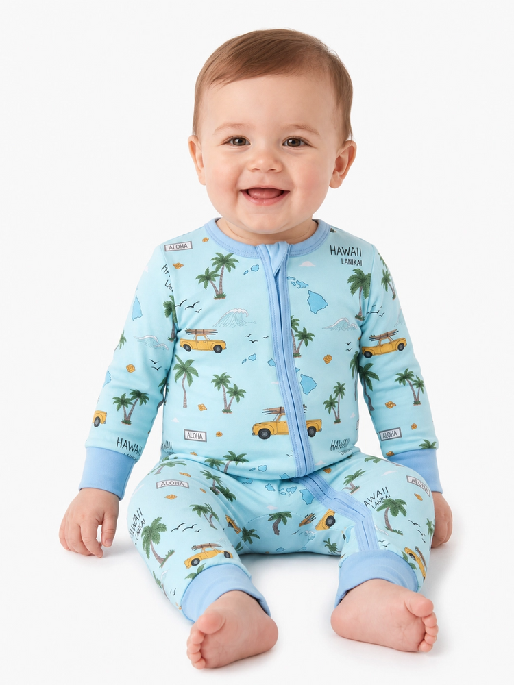 Pyjama sans pieds ajusté à fermeture éclair en mélange cartoon neutre en bambou pour bébé, bleu