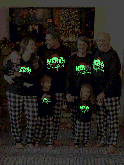 Christmas Family Matching Glow In The Dark Letters Print Long-sleeve Pajamas Sets with Christmas Socks Black+White