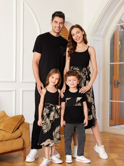 Mommy and Me Family Matching Floral Print Belted Cami Dresses And Solid Short Sleeve Tops Sets Black