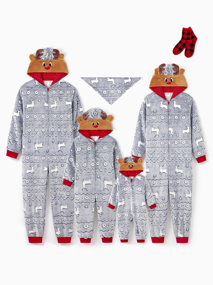 Pyjama de Noël assorti pour toute la famille, imprimé renne, phosphorescent, avec chaussettes de Noël, blanc/gris