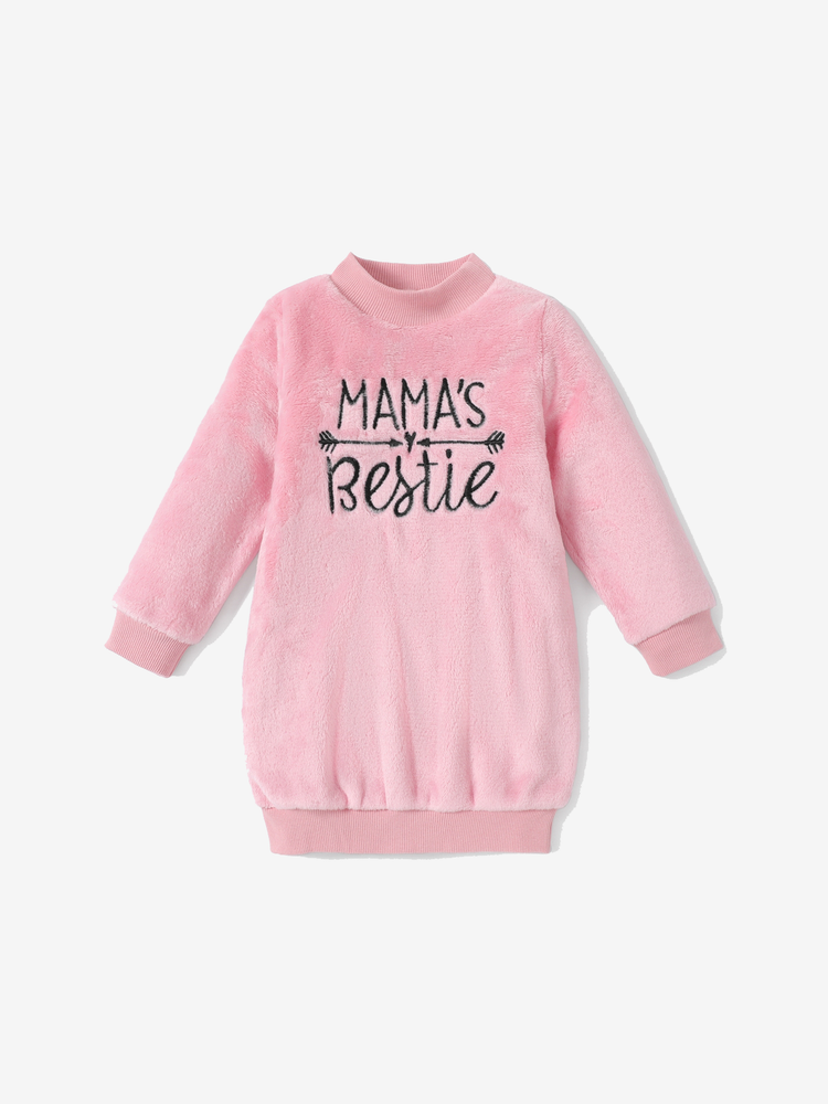 Toddler Girl Letter Embroidered Fleece Mock Neck Long-sleeve Pink Sweatshirt Dress Pink