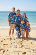Family Matching Vacation Set Tropical Floral Print Shirt or Halter Dresses for Dad, Mom, Kids & Baby, Perfect for Summer Holidays & Family Photos Deep Blue