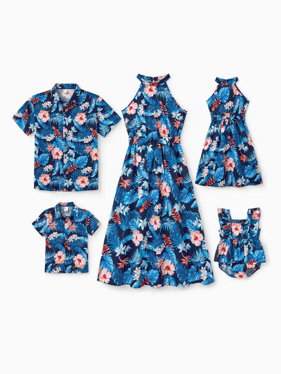 Family Matching Vacation Set Tropical Floral Print Shirt or Halter Dresses for Dad, Mom, Kids & Baby, Perfect for Summer Holidays & Family Photos Deep Blue