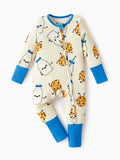 Bamboo Baby Boy/Girl Animal Printed 2-Way Zip Onesies Anti Slip Long-sleeve Footie with Hairband Blue