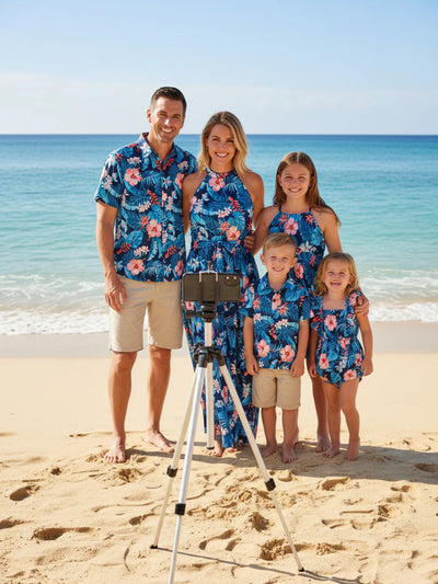 Family Matching Vacation Set Tropical Floral Print Shirt or Halter Dresses for Dad, Mom, Kids & Baby, Perfect for Summer Holidays & Family Photos Deep Blue