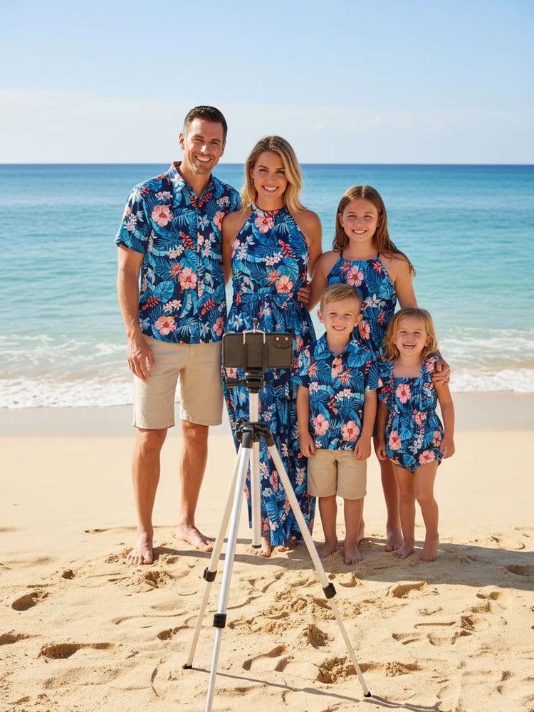 Family Matching Vacation Set Tropical Floral Print Shirt or Halter Dresses for Dad, Mom, Kids & Baby, Perfect for Summer Holidays & Family Photos Deep Blue