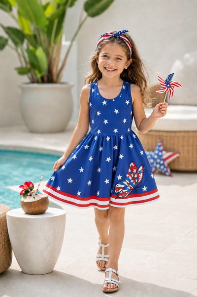 Independence Day Toddler Girls Patriotic Cherry/Star Print Casual Sleeveless Dress Dark Blue