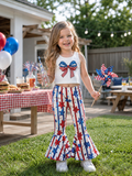 Independence Day Toddler Girls 2pcs Patriotic Bow Print Top and Star Printed Flare Pants Set White