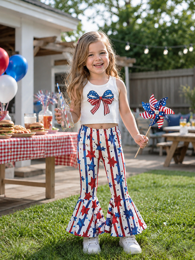 Independence Day Toddler Girls 2pcs Patriotic Bow Print Top and Star Printed Flare Pants Set White