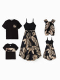 Family Matching Floral Print Belted Cami Dresses And Solid Short Sleeve Tops Sets Black