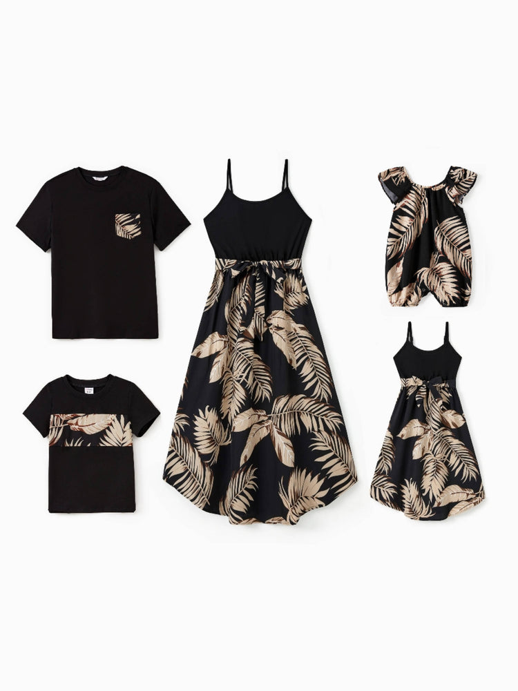 Conjuntos familiares a juego de vestidos camisola con cinturón y estampado floral y blusas lisas de manga corta en negro