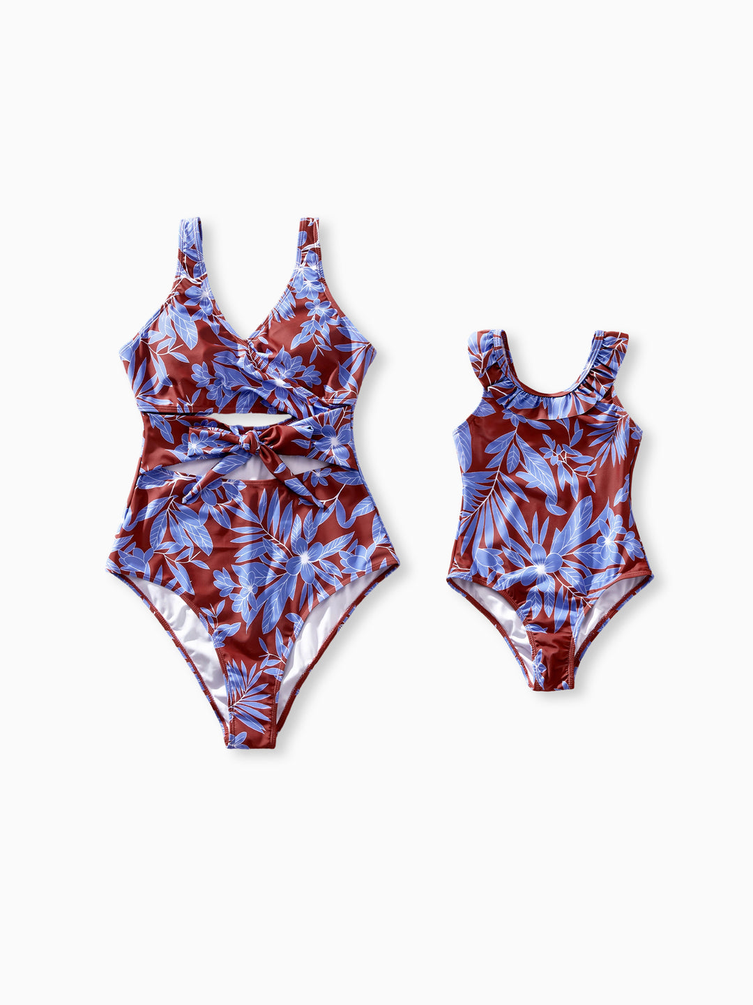 Mommy and me Tropical Leaf Print Swimsuits Cutout One-Piece & Swim Trunks Set Blue