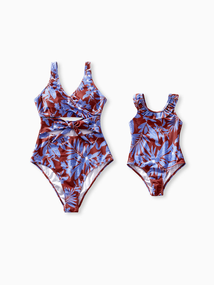 Mommy and me Tropical Leaf Print Swimsuits Cutout One-Piece & Swim Trunks Set Blue