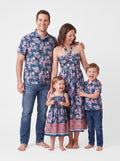 Family matching outfits Floral Allover Print Short-sleeve Collar Shirt or Halter Sleeveless Dress for Summer Vacation  CYAN-