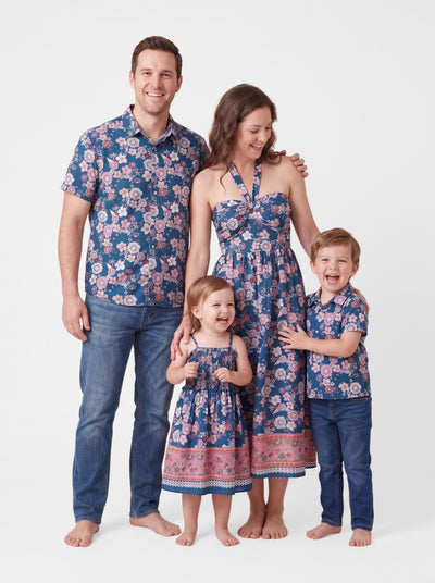 Passende Familien-Outfits: Floral-Allover-Print Kurzarm-Kragenhemd oder Neckholder-Trägerloses Kleid für den Sommerurlaub CYAN-