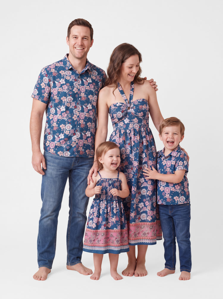 Conjunto de Ropa a Juego para la Familia Camisa con Cuello y Estampado Floral Completo de Manga Corta o Vestido sin Mangas Halter para Vacaciones de Verano CIAN-