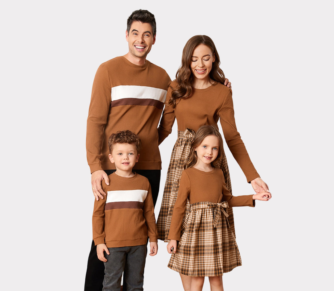 Conjunto familiar de vestidos con cinturón y blusas de manga larga con bloques de color en color café a juego con cuadros acanalados y empalmados.