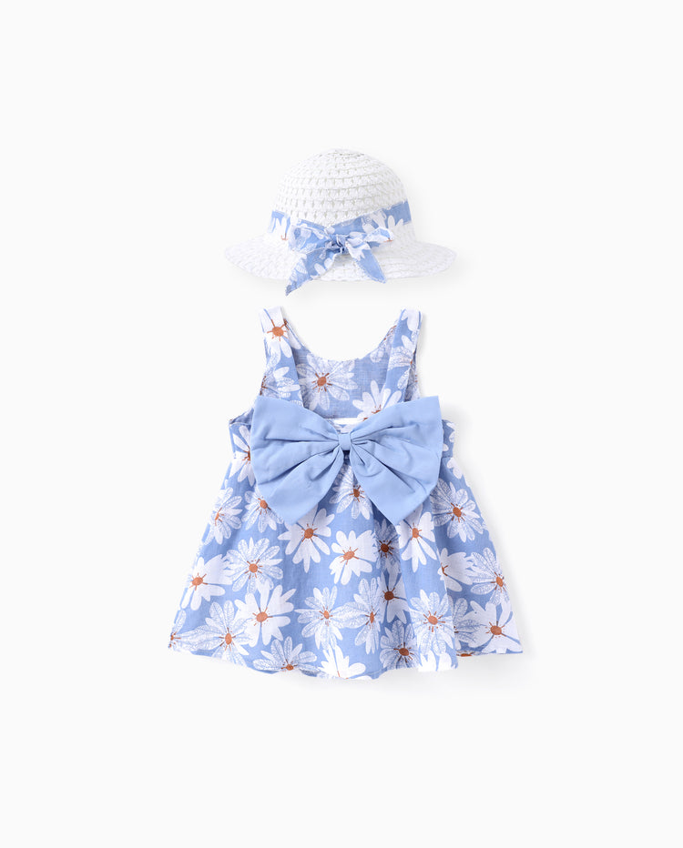 Conjunto de 2 piezas de vestido con lazo de margaritas para niña pequeña, azul