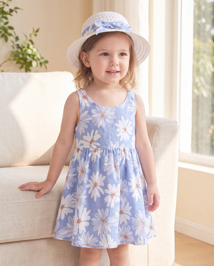 Conjunto de 2 piezas de vestido con lazo de margaritas para niña pequeña, azul