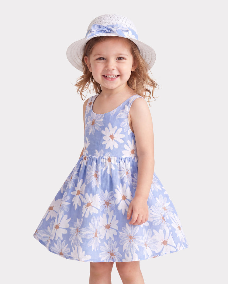 Conjunto de 2 piezas de vestido con lazo de margaritas para niña pequeña, azul
