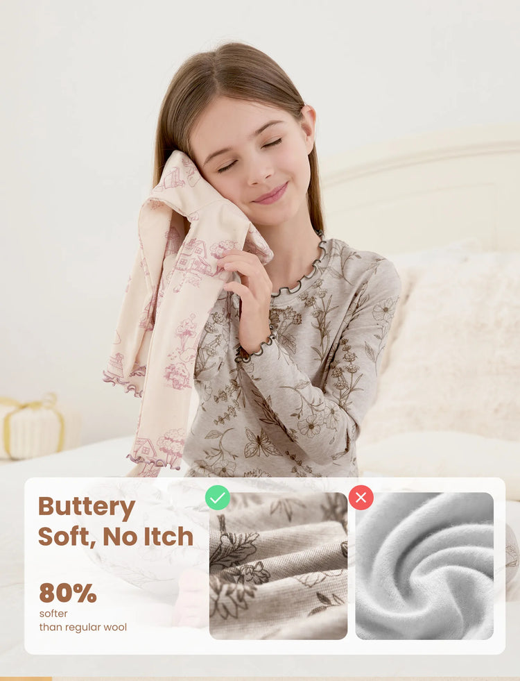 Pijama de 2 piezas para niños pequeños/niños con suave mezcla de lana y tencel lyocell (ajuste ceñido) color albaricoque