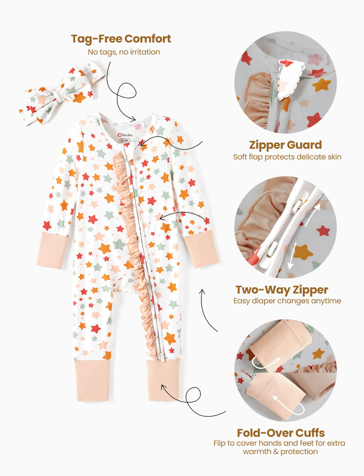 Bamboo Baby Boy/Girl Animal Printed 2-Way Zipper Anti Slip Long-sleeve Footie with Hairband Apricot