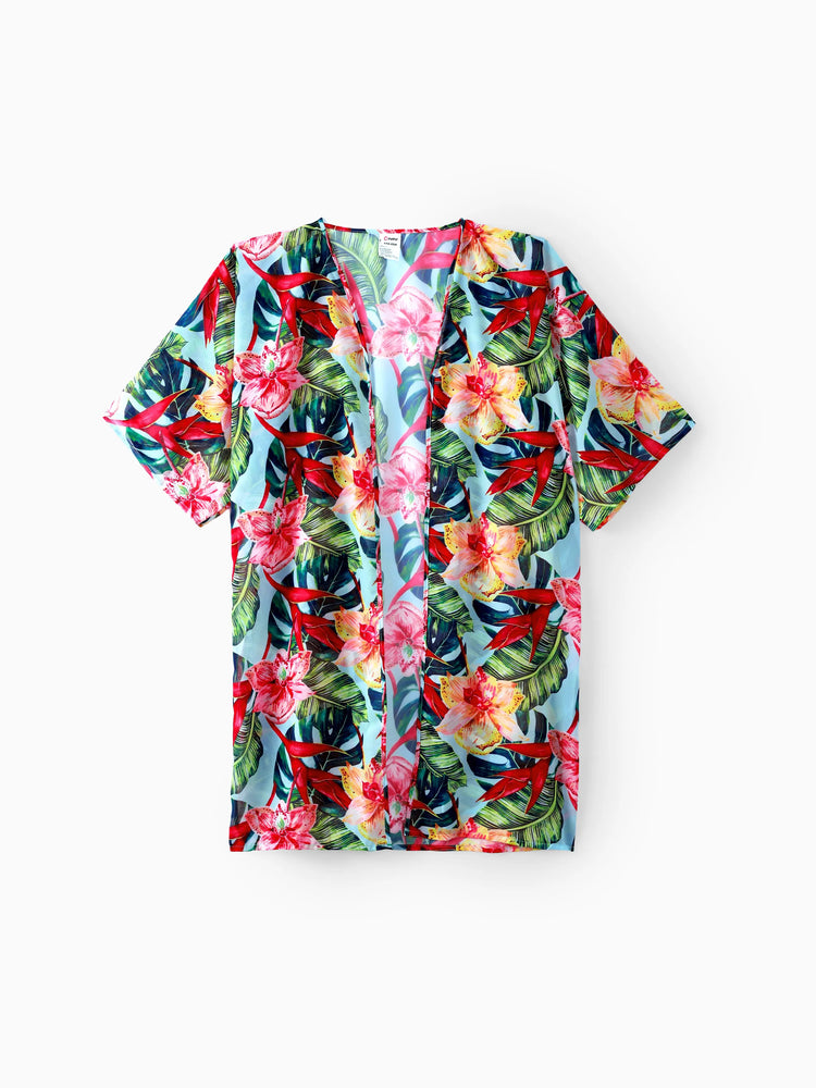 Mommy and Me Family Matching Floral Drawstring Swim Trunks or Ruched Shell Edge Bikini with Optional Swim Cover Up Red