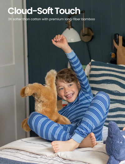 Pijama de bambú de 2 piezas para Navidad y Halloween con estampado divertido para niños pequeños (ajustado) en azul