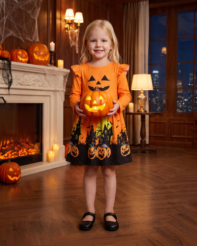 Halloween Toddler Girl Ruffle Sleeve Dress Orange