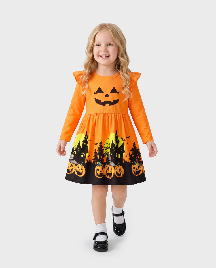 Halloween Toddler Girl Ruffle Sleeve Dress Orange