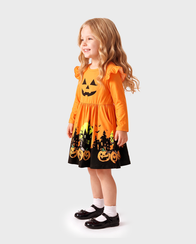 Halloween Toddler Girl Ruffle Sleeve Dress Orange