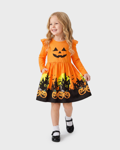 Halloween Toddler Girl Ruffle Sleeve Dress Orange