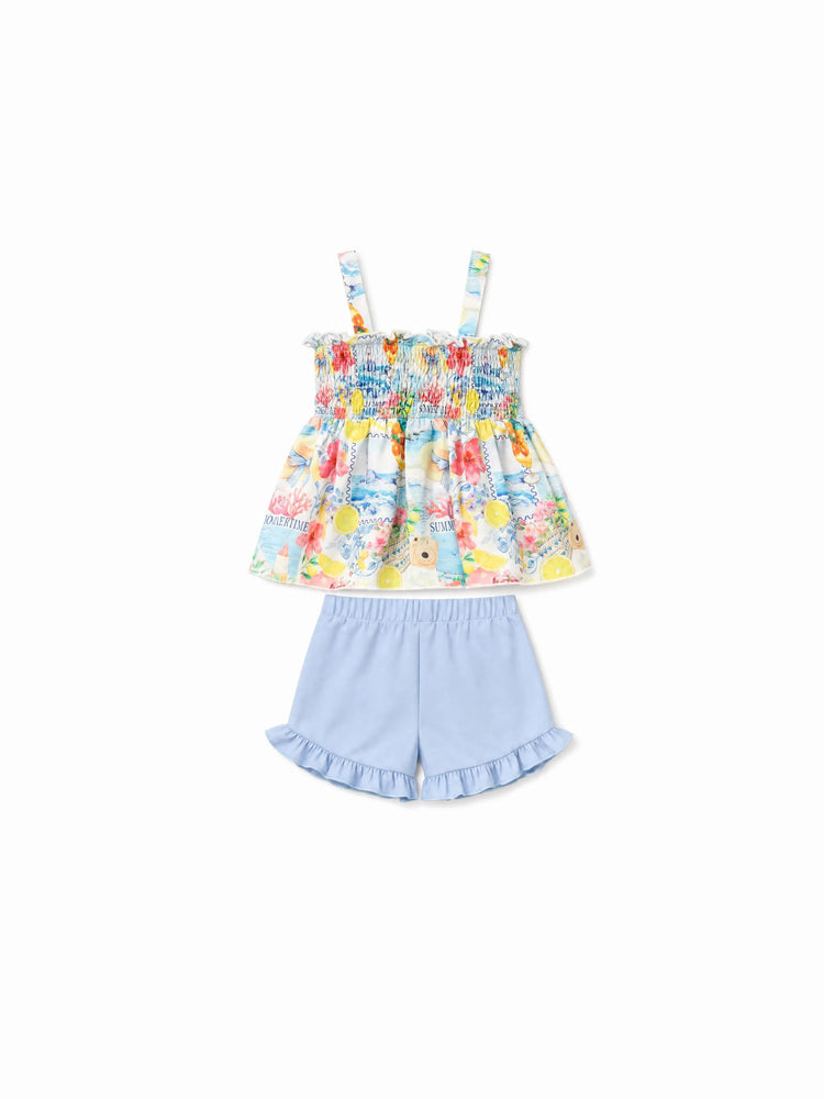 Ocean Vibes Toddler Girl Bow Ruffle Top & Shorts Set Blue