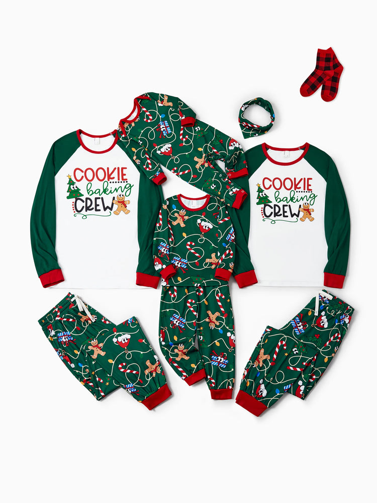 Ensemble pyjama de Noël assorti pour toute la famille, motif pain d'épices et sapin de Noël, vert et blanc, avec chaussettes de Noël vert foncé