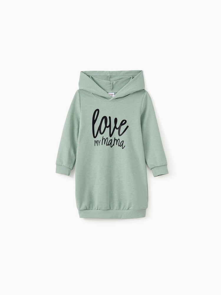 Mommy and Me Letter Print Green Long-sleeve Hoodie Dresses Light Green