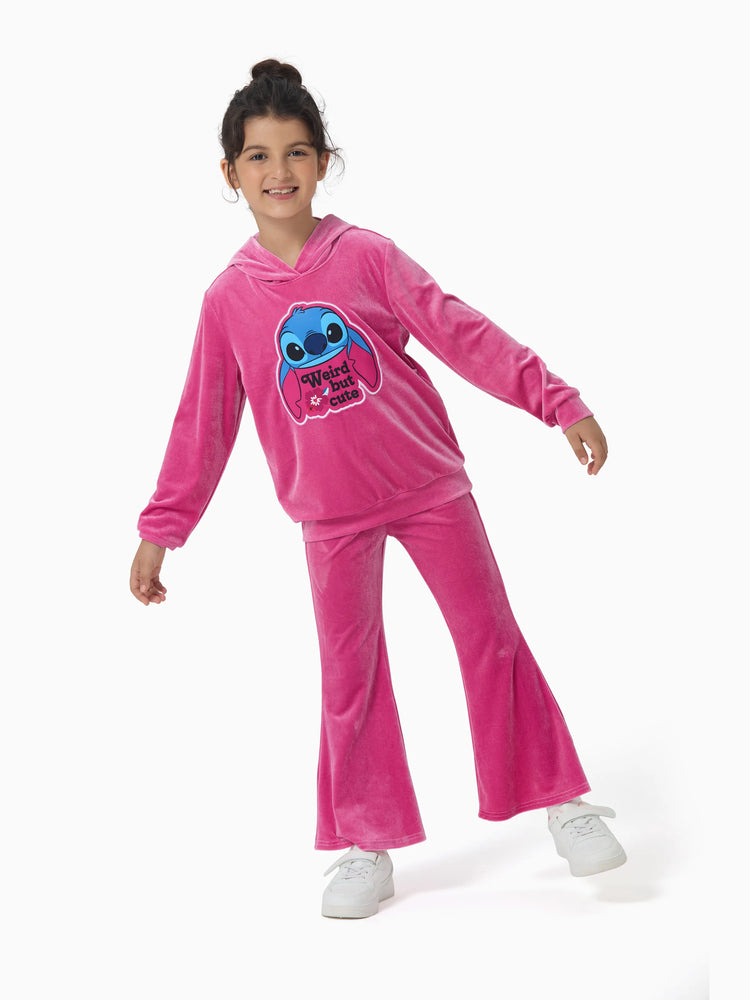 Disney Stitch Toddler/Kids Girl 2pcs Stitch Velvet Fabric Hooded Set Peach Pink
