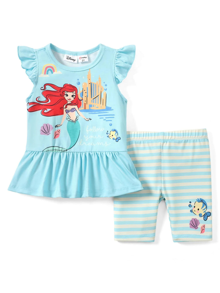 Disney Princess Toddler Girl 2pcs Naia™ Ariel Print Ruffled Top with Stripped Leggings Set BlueGreen