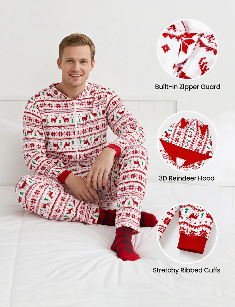 Christmas Matching Family Pajamas Set 3D Reindeer Hooded Allover Snowflake and Reindeer Print Red and White Onesie PJS with Christmas Socks Red+White
