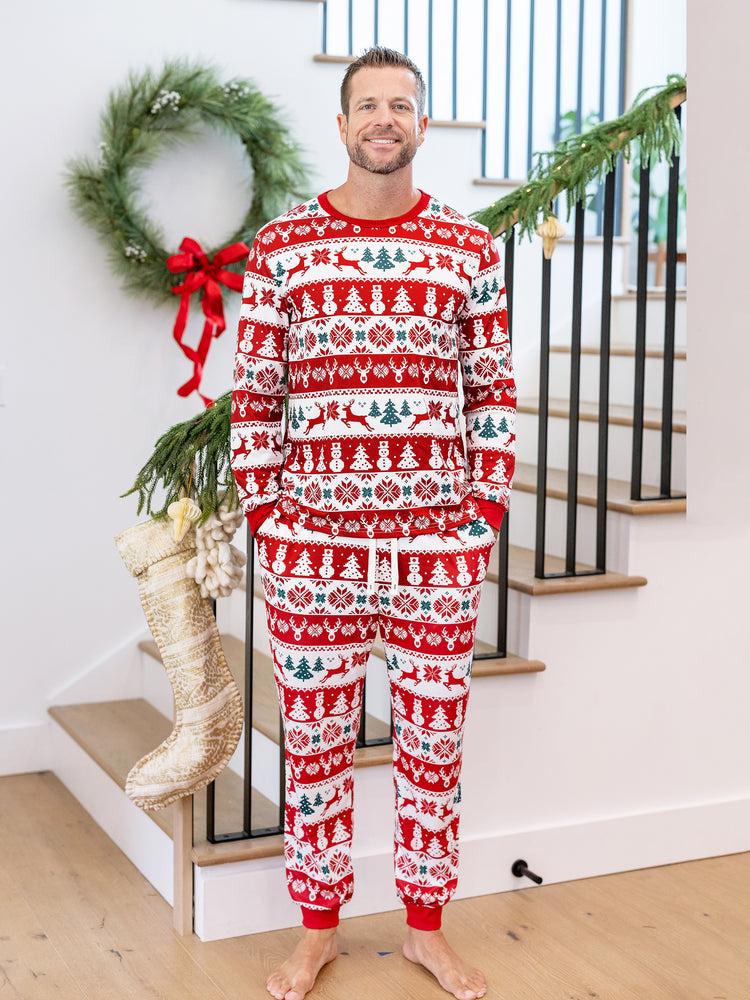 Pijamas navideños familiares a juego con estampado Fair Isle, rojo y blanco
