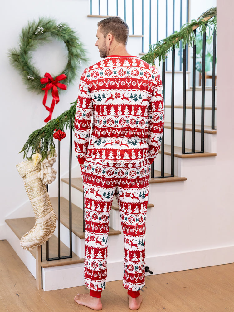 Pijamas navideños familiares a juego con estampado Fair Isle, rojo y blanco
