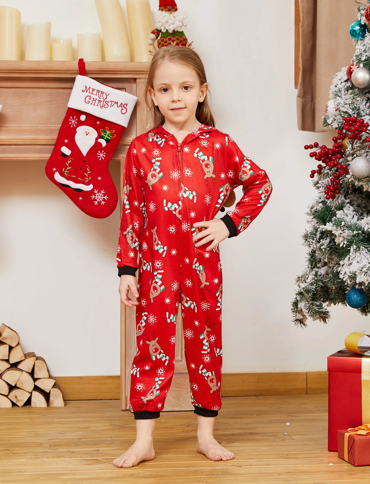 Christmas Matching Family Pajamas Set 3D Reindeer Hooded Allover Reindeer Print Onesie PJS with Christmas Socks Red