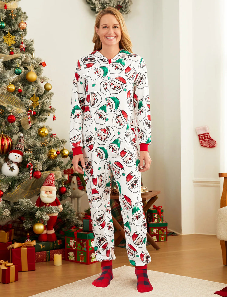 Christmas Matching Family Pajamas Set Santa Claus Allover Print Hooded Onesie PJS with Christmas Socks ColorBlock